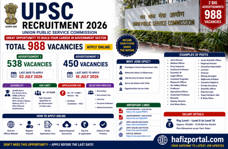 UPSC Recruitment 2026: Apply Online for 538+450 Vacancies | Latest Union Public Service Commission Jobs