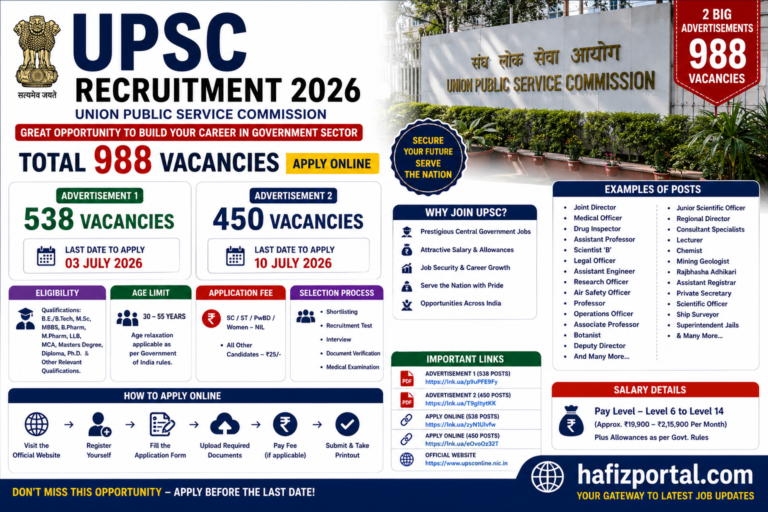 UPSC Recruitment 2026: Apply Online for 538+450 Vacancies | Latest Union Public Service Commission Jobs