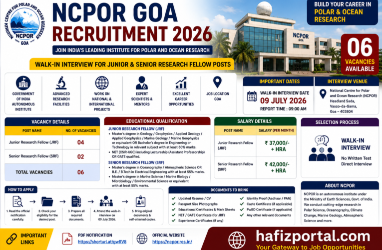 NCPOR Goa Recruitment 2026: Apply for 06 Junior & Senior Research Fellow Posts | Walk-in Interview on 09 July