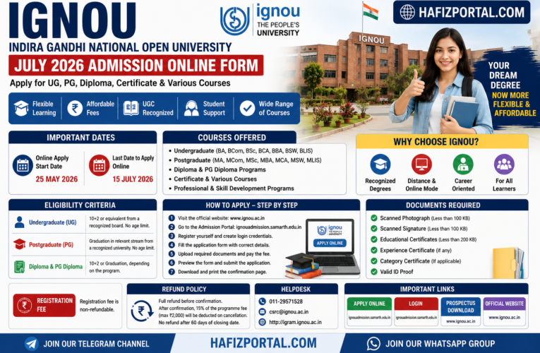IGNOU July 2026 Admission Online Form: Apply for UG, PG, Diploma & Certificate Courses Before 15 July 2026