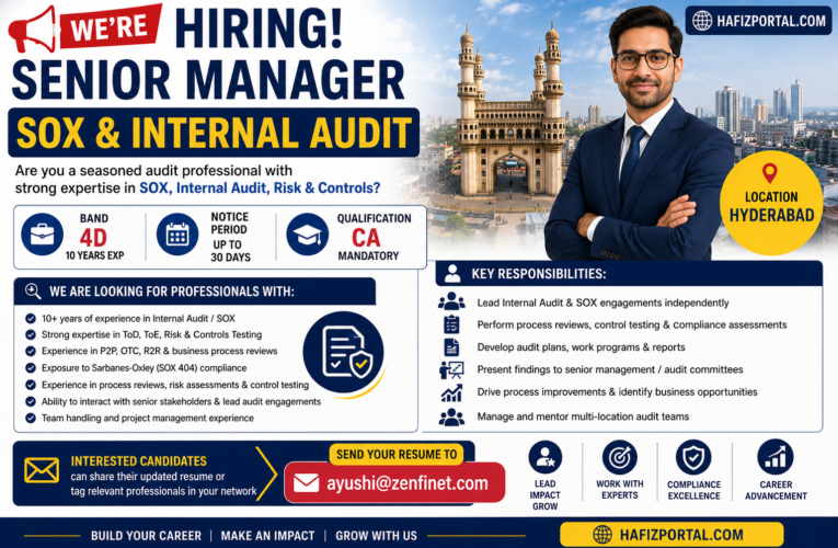 Senior Manager SOX & Internal Audit Jobs in Hyderabad 2026 | CA Professionals with 10+ Years Experience Can Apply