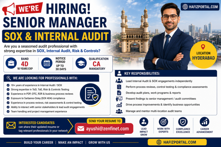 Senior Manager SOX & Internal Audit Jobs in Hyderabad 2026 | CA Professionals with 10+ Years Experience Can Apply