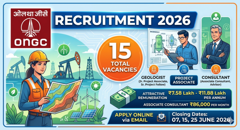 ONGC Recruitment 2026: Apply for 15 Project Associate, Consultant & Geologist Posts | Salary Up to ₹11.88 Lakh Per Year