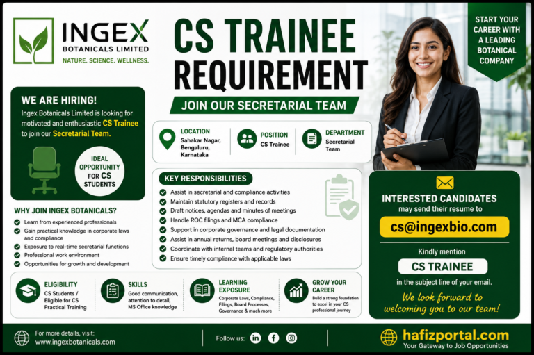 CS Trainee Recruitment 2026 at Ingex Botanicals Limited | Company Secretary Internship in Bengaluru | Apply Now
