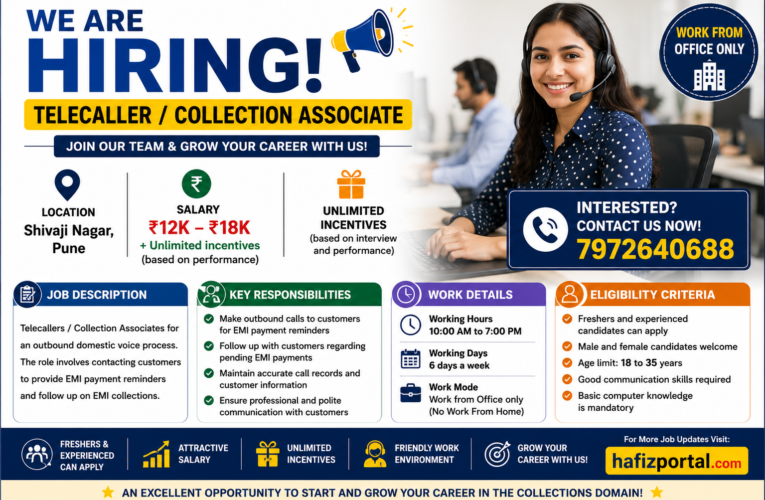 Telecaller / Collection Associate Recruitment 2026 in Pune | Freshers Welcome | Salary up to ₹18,000 + Unlimited Incentives