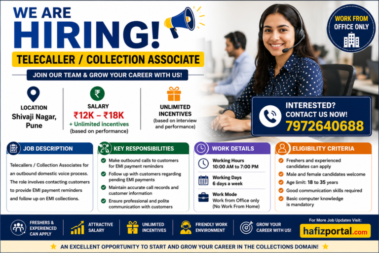Telecaller / Collection Associate Recruitment 2026 in Pune | Freshers Welcome | Salary up to ₹18,000 + Unlimited Incentives