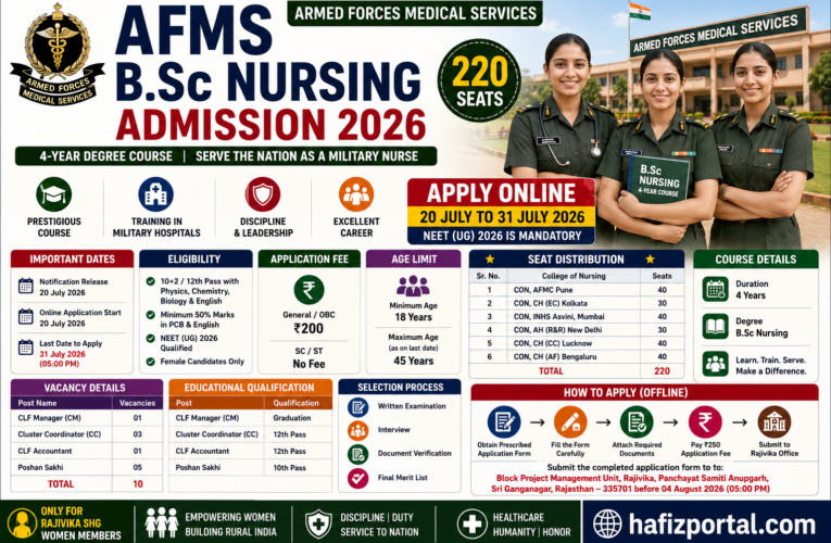 AFMS B.Sc Nursing Admission 2026: Apply Online for 220 Armed Forces Nursing Course Seats | NEET UG Required