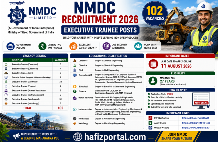 NMDC Recruitment 2026: Apply Online for 102 Executive Trainee Posts | Engineering, Finance & HR Government Jobs