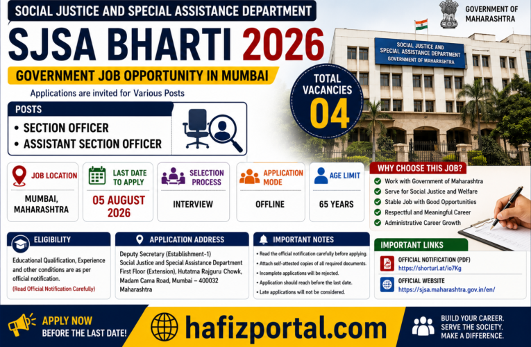 SJSA Bharti 2026: Social Justice and Special Assistance Department Mumbai Recruitment for Section Officer & Assistant Section Officer – Apply Offline Before 05 August 2026