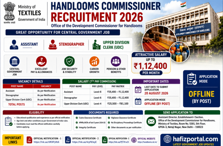 Handlooms Commissioner Recruitment 2026: Apply for Assistant, Stenographer & UDC Posts | Salary Up to ₹1,12,400