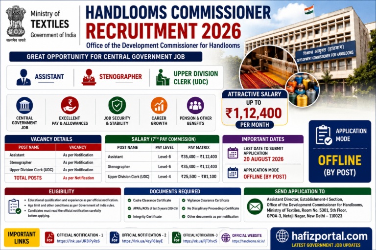 Handlooms Commissioner Recruitment 2026: Apply for Assistant, Stenographer & UDC Posts | Salary Up to ₹1,12,400