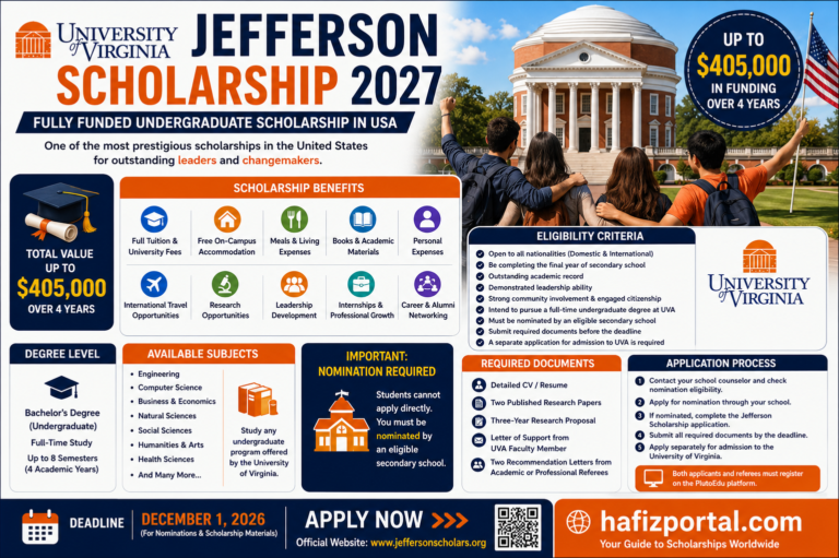 University of Virginia Jefferson Scholarship 2027 in the USA: Fully Funded Undergraduate Scholarship Worth Up to $405,000