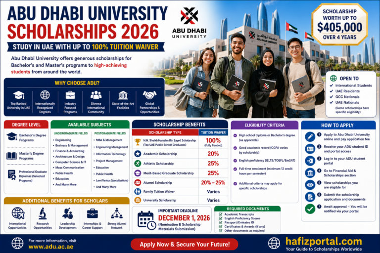 Abu Dhabi University Scholarships 2026 in the UAE: Up to 100% Tuition Waiver for International Students