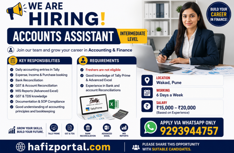 Accounts Assistant Job Vacancy in Pune 2026 | Apply for Tally & Advanced Excel Accountant Jobs in Wakad