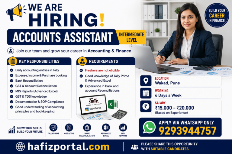 Accounts Assistant Job Vacancy in Pune 2026 | Apply for Tally & Advanced Excel Accountant Jobs in Wakad