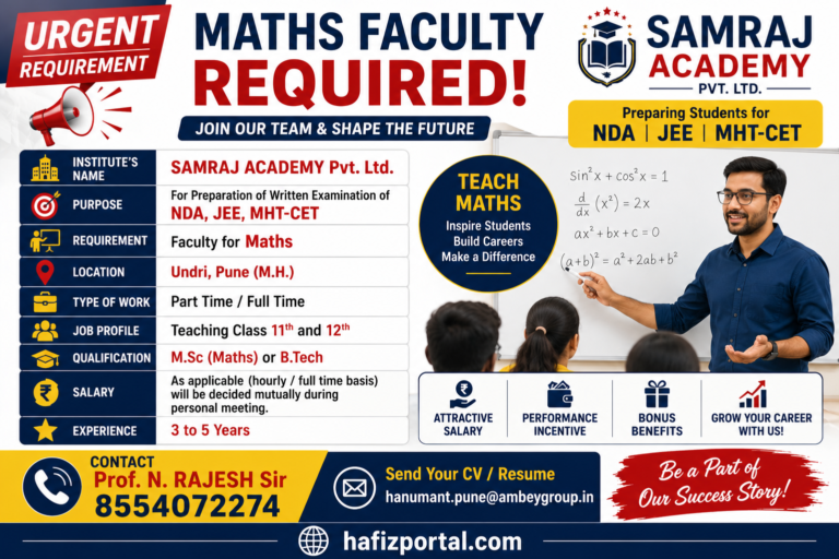 Maths Faculty Jobs in Pune at Samraj Academy | Teaching Opportunity for NDA, JEE & MHT-CET