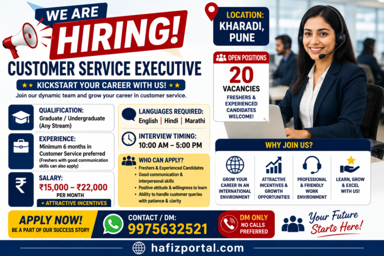 Customer Service Executive Jobs in Kharadi Pune | 20 Vacancies for Freshers & Experienced