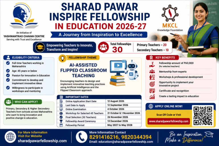 Sharad Pawar Inspire Fellowship in Education 2026-27: Apply for 30 Teacher Fellowships