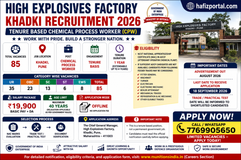 High Explosives Factory Khadki Recruitment 2026: 85 Chemical Process Worker Posts, Eligibility, Salary and How to Apply