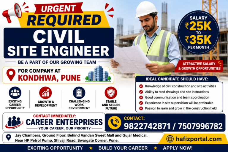 Civil Site Engineer job vacancy in Kondhwa Pune with salary of ₹25,000 to ₹35,000 per month