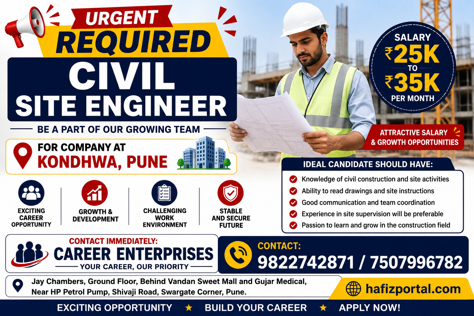 Civil Site Engineer job vacancy in Kondhwa Pune with salary of ₹25,000 to ₹35,000 per month