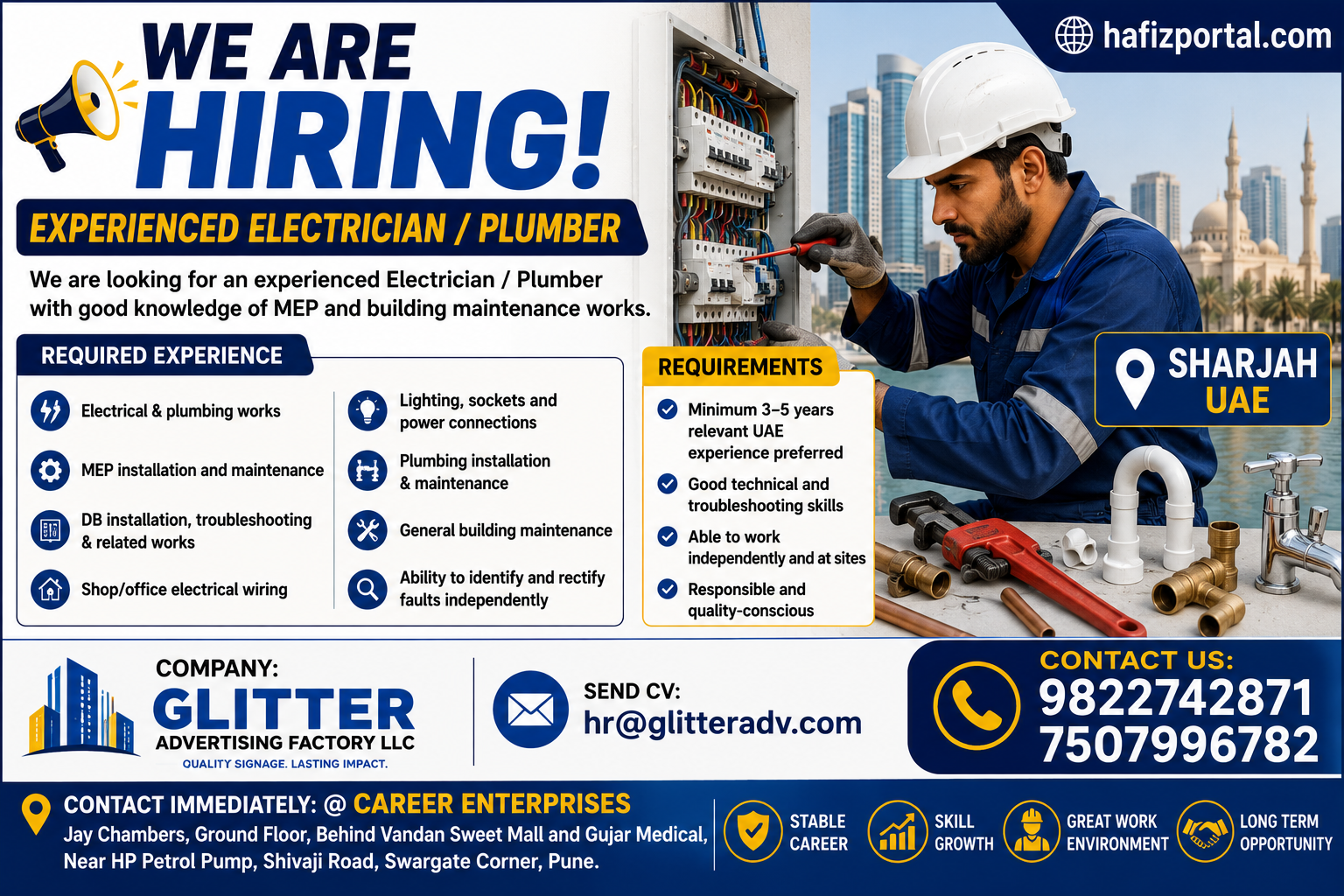 Experienced Electrician and Plumber job vacancy in Sharjah, UAE with MEP, electrical, plumbing and building maintenance requirements.