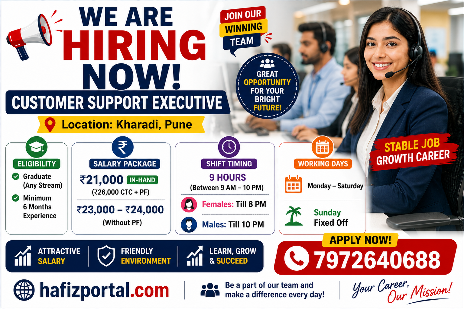 Customer Support Executive job vacancy in Kharadi, Pune, for graduates with minimum 6 months of experience, offering up to ₹24,000 in-hand salary and Sunday fixed off. Apply at 7972640688.