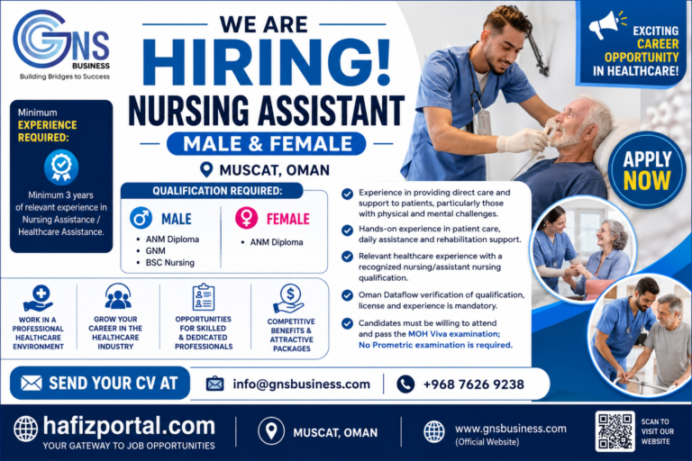 Nursing Assistant jobs in Muscat, Oman for male and female healthcare professionals with minimum 3 years of relevant experience, qualification requirements, Dataflow verification, MOH Viva examination details, and application information.