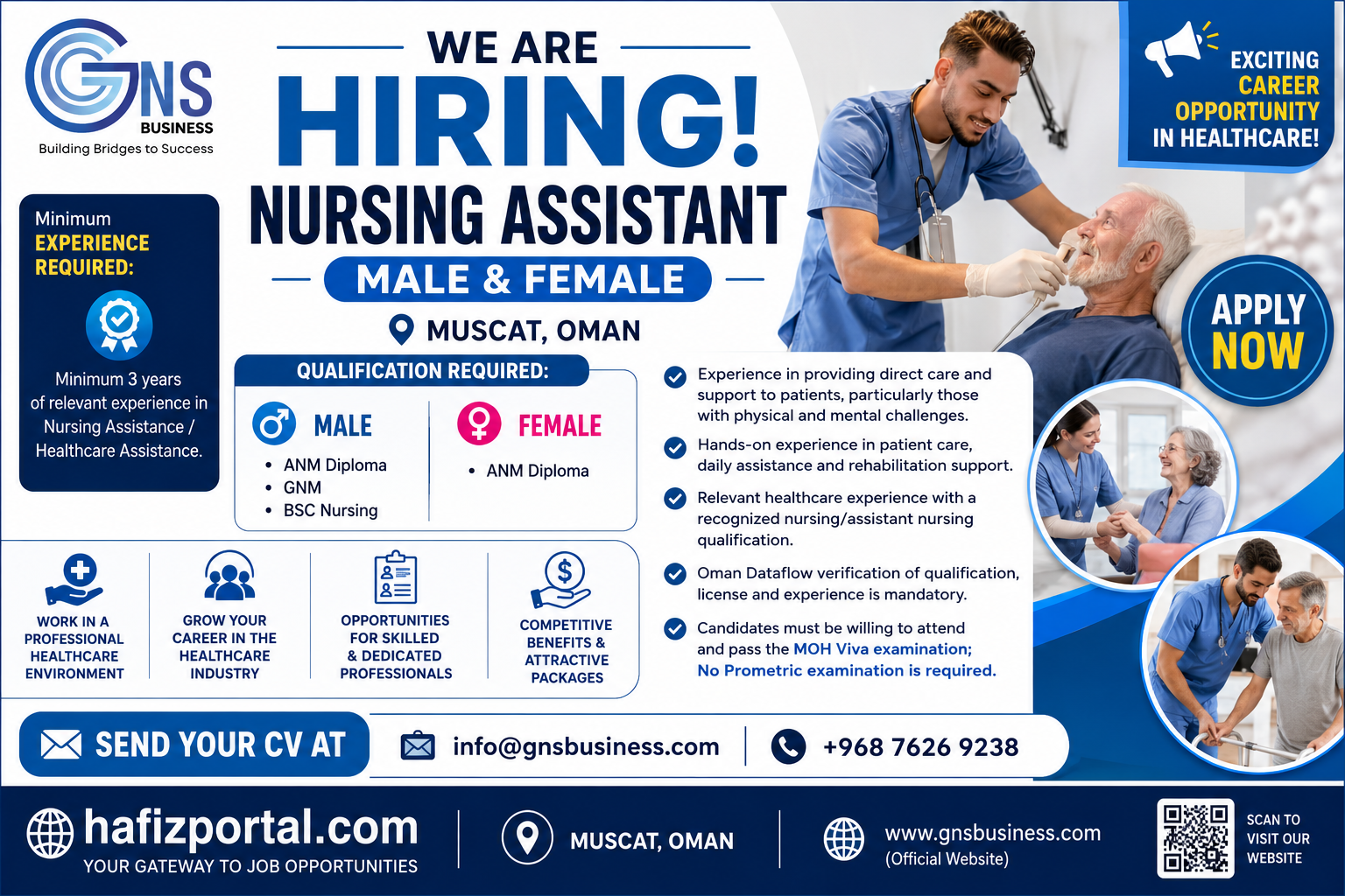 Nursing Assistant jobs in Muscat, Oman for male and female healthcare professionals with minimum 3 years of relevant experience, qualification requirements, Dataflow verification, MOH Viva examination details, and application information.
