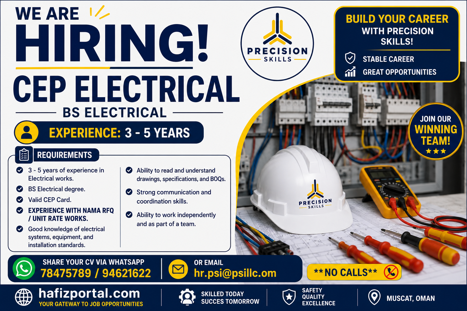 BS Electrical job recruitment poster for experienced electrical professionals with 3 to 5 years of experience, valid CEP Card, NAMA RFQ or unit rate work experience, and job application details in Oman.
