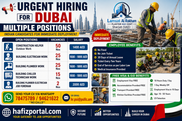 Urgent hiring for Dubai construction jobs for Indian candidates, including Construction Helpers, Building Electricians, Building Plumbers, Chiller Technicians, and Foremen, with salary and employment benefits.