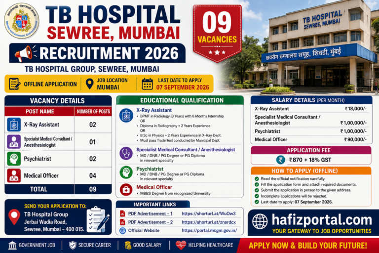 TB Hospital Sewree Mumbai Recruitment 2026 for 09 vacancies, including X-Ray Assistant, Medical Officer, Psychiatrist and Specialist Medical Consultant/Anesthesiologist posts in Mumbai.