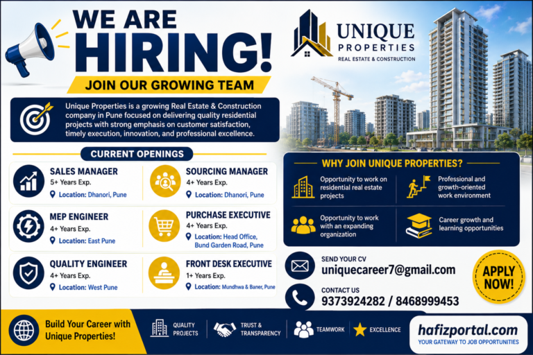 Unique Properties Pune hiring banner showing multiple job openings for Sales Manager, Sourcing Manager, MEP Engineer, Purchase Executive, Quality Engineer and Front Desk Executive.
