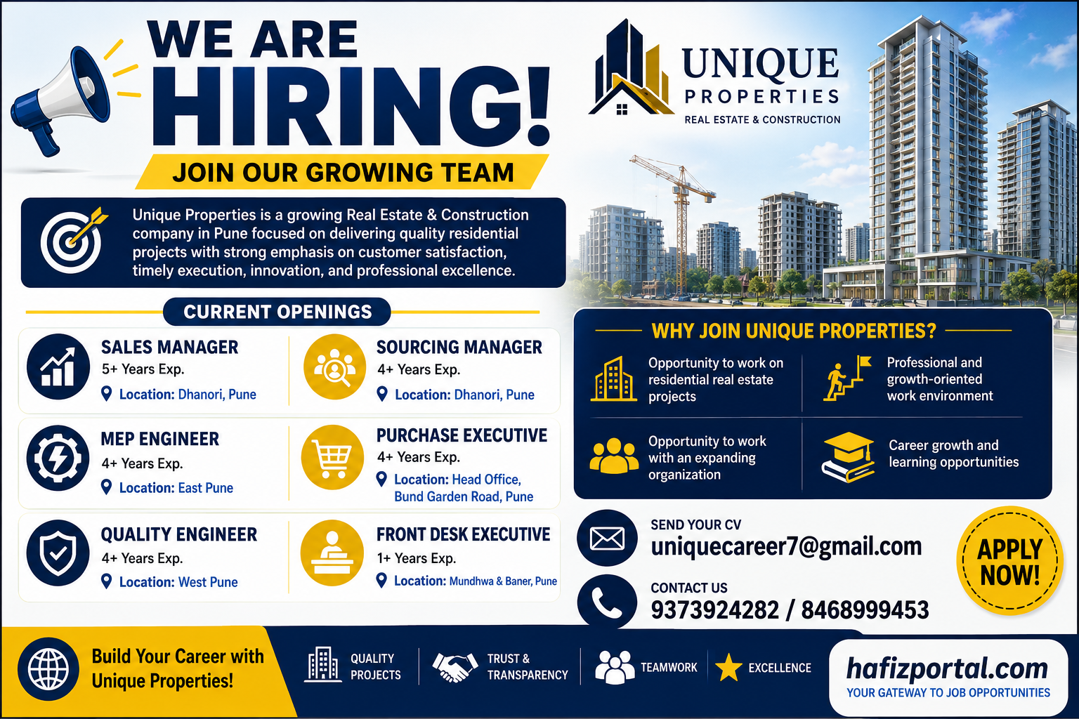 Unique Properties Pune hiring banner showing multiple job openings for Sales Manager, Sourcing Manager, MEP Engineer, Purchase Executive, Quality Engineer and Front Desk Executive.