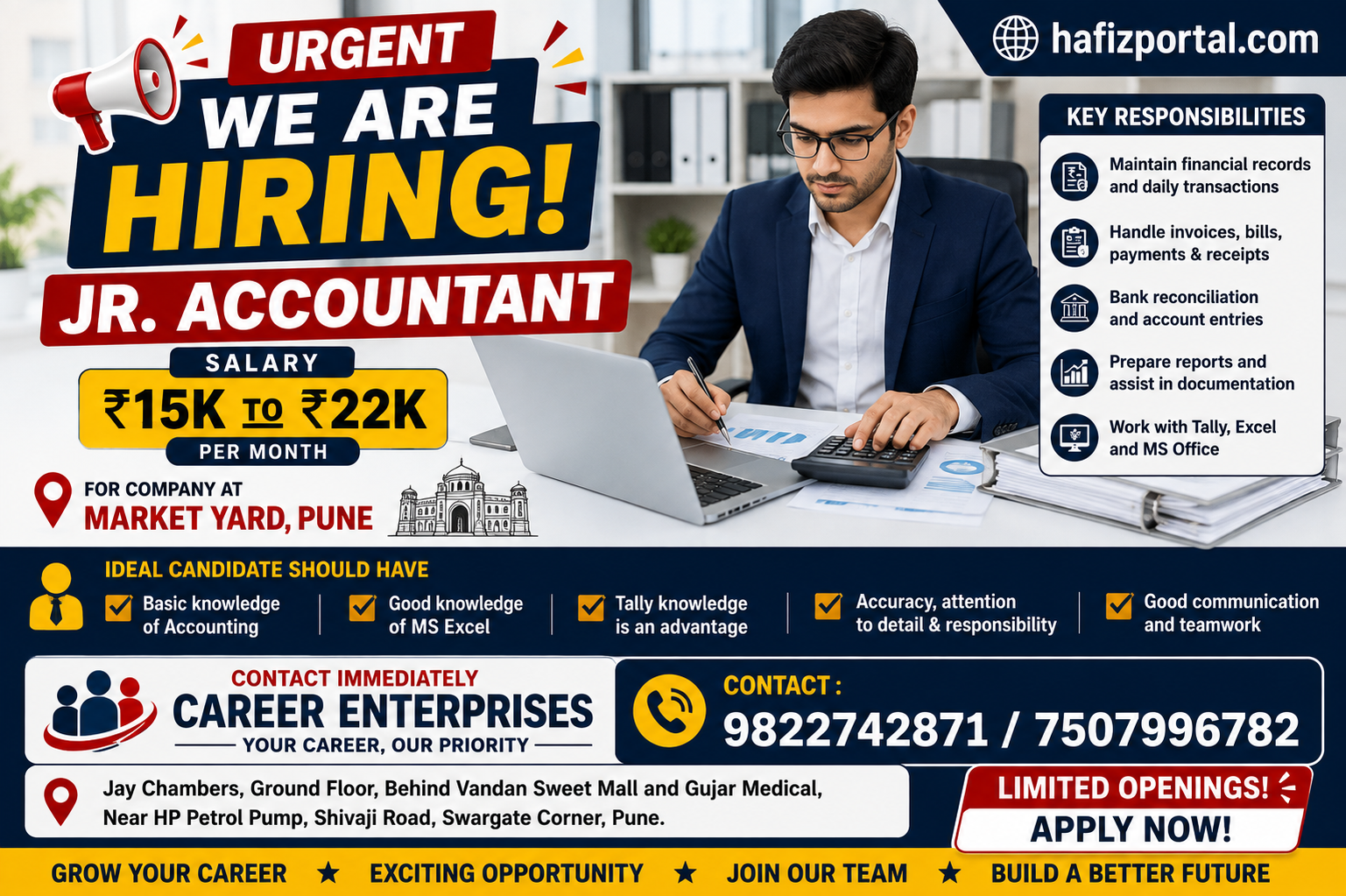 Urgent Junior Accountant job hiring poster for a company in Market Yard, Pune, offering a salary of ₹15,000 to ₹22,000 per month, with Career Enterprises contact details and hafizportal.com.