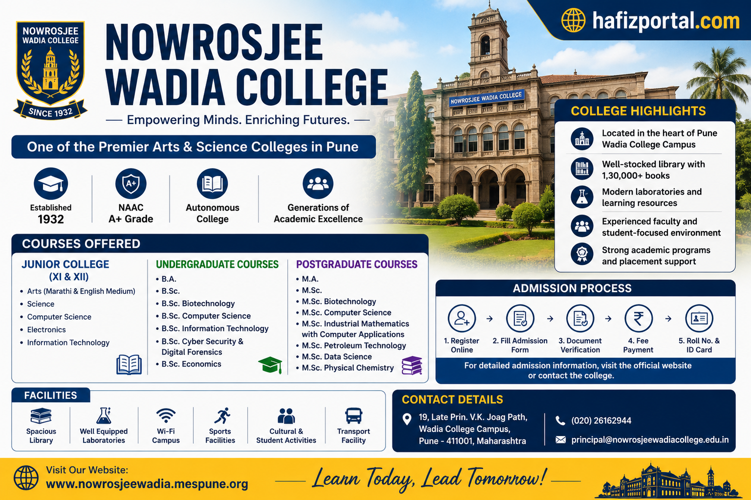 Nowrosjee Wadia College Pune admission and course information banner featuring the college campus, academic programs, facilities, admission process, and contact details.