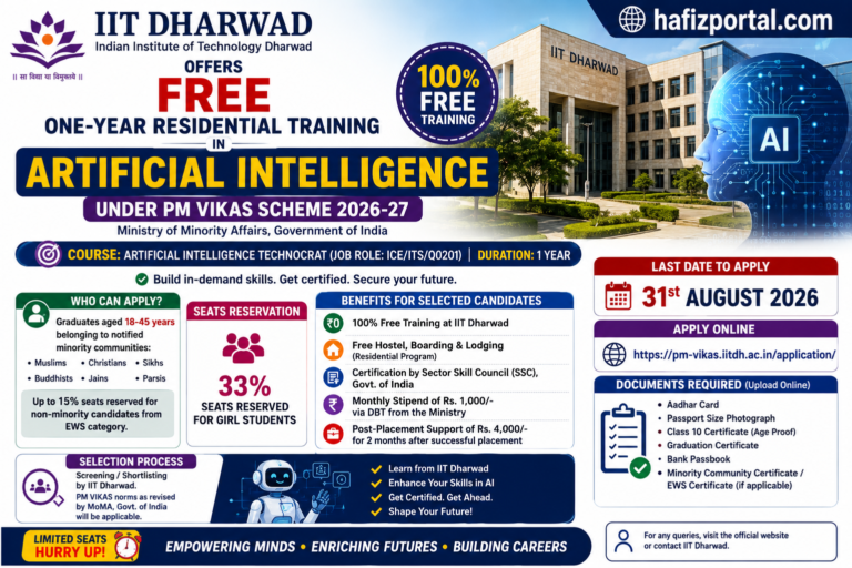 IIT Dharwad offering free one-year residential Artificial Intelligence Technocrat training under the PM VIKAS Scheme, with free hostel, monthly stipend, certification, placement support and last date 31 August 2026.