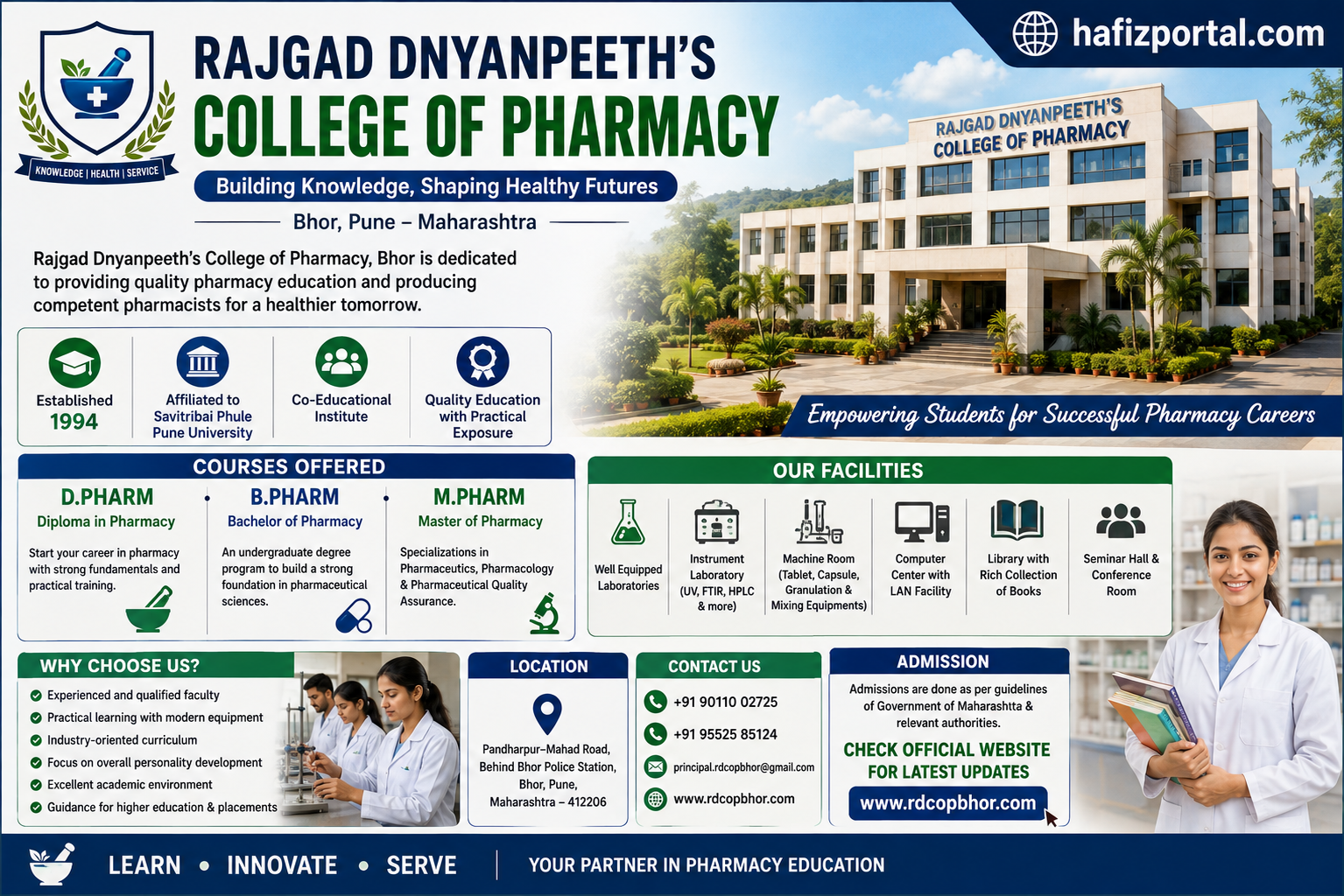 Rajgad Dnyanpeeth's College of Pharmacy campus and pharmacy education promotional banner highlighting academic courses, professional learning, and career opportunities in Pune.