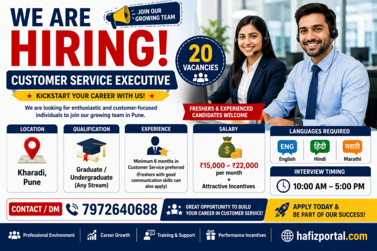Customer Service Executive hiring poster for 20 vacancies in Kharadi, Pune, featuring freshers and experienced candidates, salary of ₹15,000 to ₹22,000 per month, incentives, and contact details.