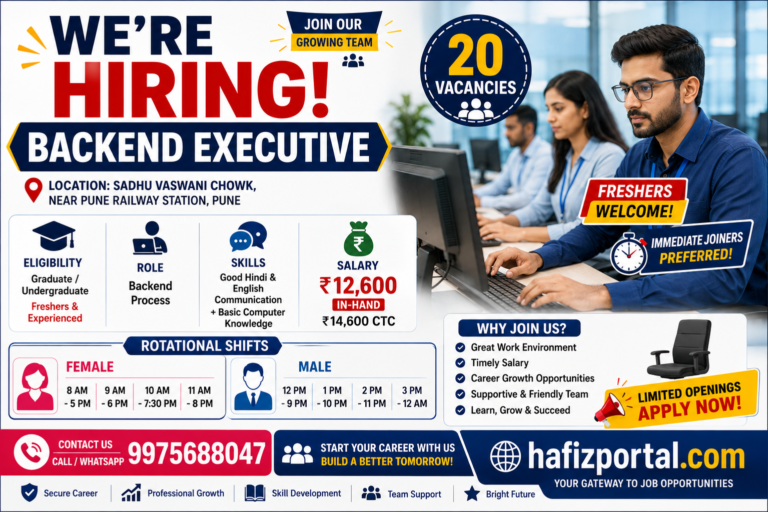 Backend Executive hiring poster for 20 vacancies near Pune Railway Station, showing freshers and experienced candidates, salary details, rotational shifts, and contact information.
