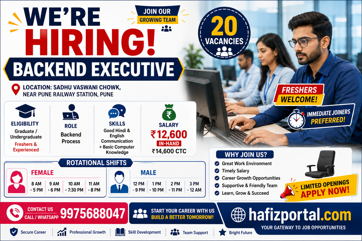 Backend Executive hiring poster for 20 vacancies near Pune Railway Station, showing freshers and experienced candidates, salary details, rotational shifts, and contact information.