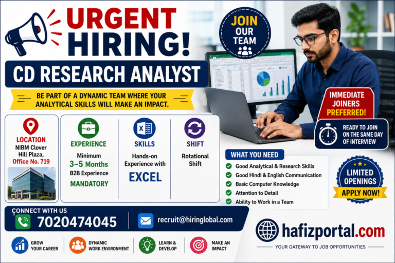 Urgent hiring poster for a CD Research Analyst job in Pune, requiring 3–5 months of B2B experience and hands-on Excel skills, with rotational shifts and immediate joining opportunities.