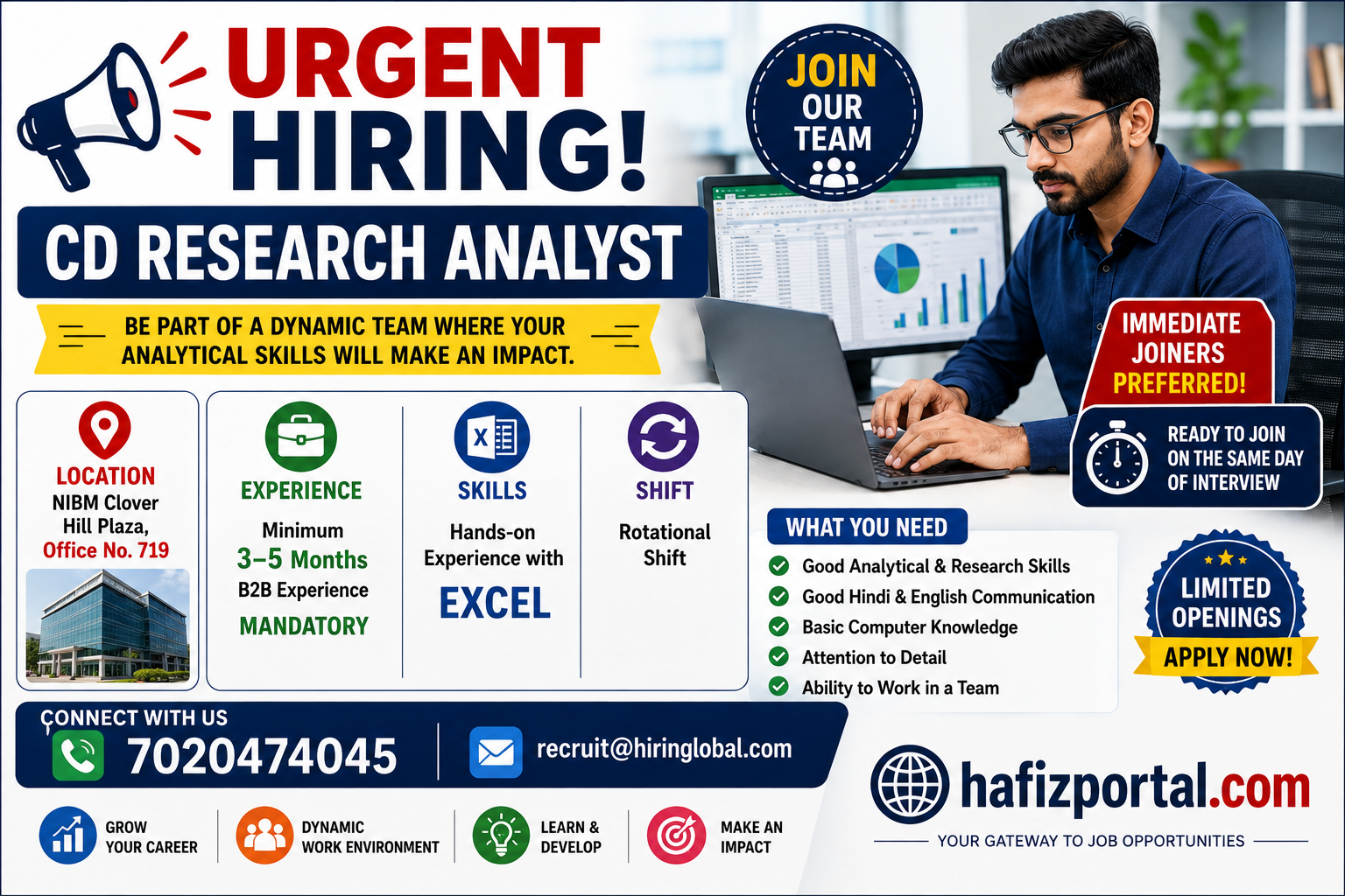 Urgent hiring poster for a CD Research Analyst job in Pune, requiring 3–5 months of B2B experience and hands-on Excel skills, with rotational shifts and immediate joining opportunities.