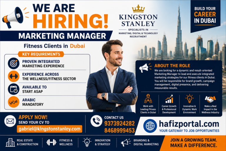 Marketing Manager job opportunity in Dubai for fitness and wellness clients, highlighting integrated marketing experience, fitness sector experience, immediate joining and mandatory Arabic language skills.
