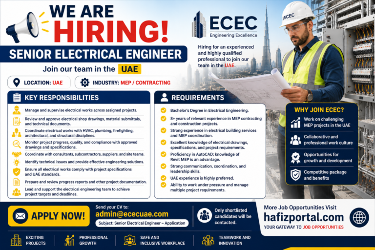 Senior Electrical Engineer job vacancy in the UAE at ECEC, highlighting MEP and contracting experience, electrical engineering qualifications, key responsibilities, and application details.