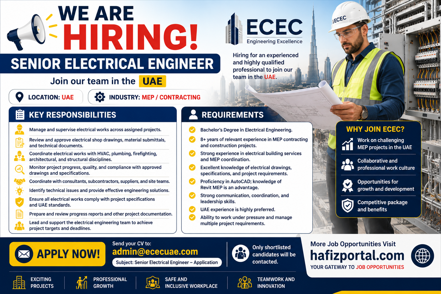 Senior Electrical Engineer job vacancy in the UAE at ECEC, highlighting MEP and contracting experience, electrical engineering qualifications, key responsibilities, and application details.