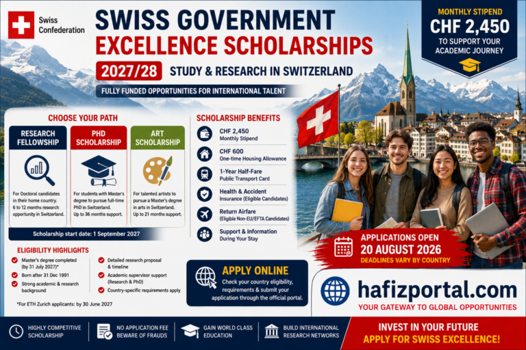 Swiss Government Excellence Scholarships 2027/28 offering international researchers and artists a CHF 2,450 monthly stipend for Research Fellowship, PhD and Master's in Arts opportunities in Switzerland.
