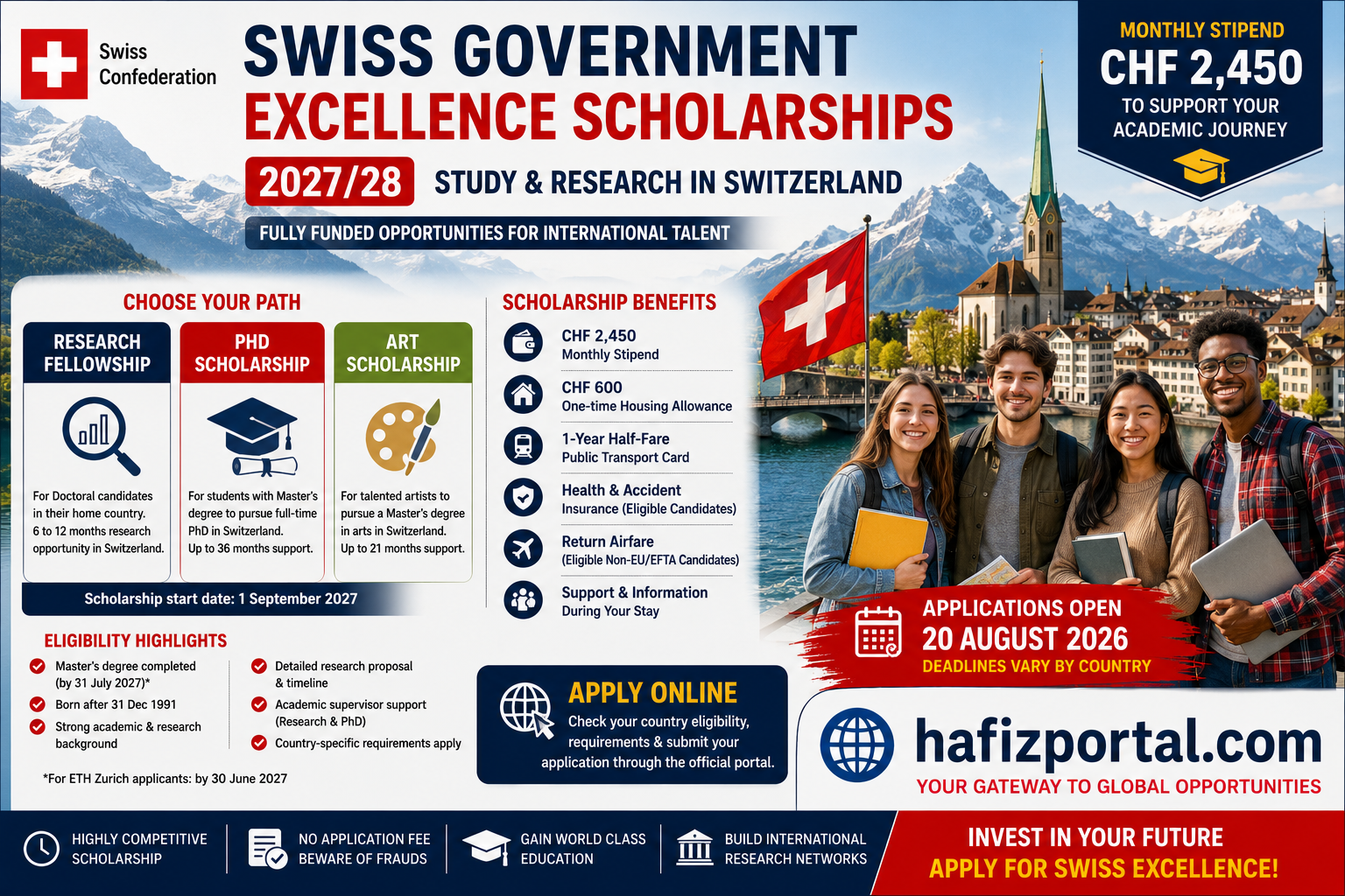 Swiss Government Excellence Scholarships 2027/28 offering international researchers and artists a CHF 2,450 monthly stipend for Research Fellowship, PhD and Master's in Arts opportunities in Switzerland.