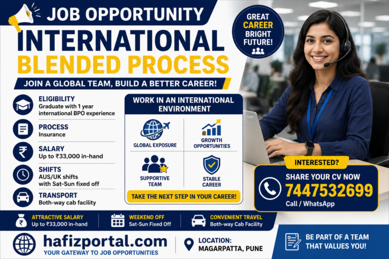 International BPO blended process job opportunity in Magarpatta, Pune for graduates with one year of international BPO experience, offering up to ₹33,000 in-hand salary, AUS/UK shifts, fixed weekends off and both-way cab facility.