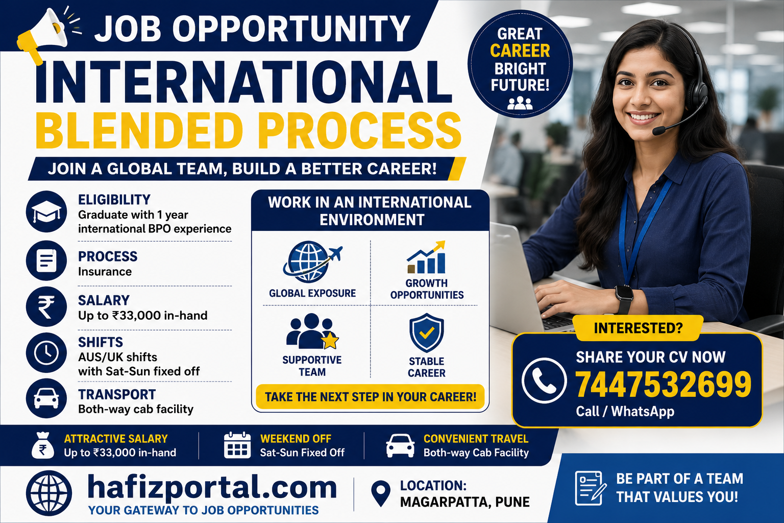 International BPO blended process job opportunity in Magarpatta, Pune for graduates with one year of international BPO experience, offering up to ₹33,000 in-hand salary, AUS/UK shifts, fixed weekends off and both-way cab facility.